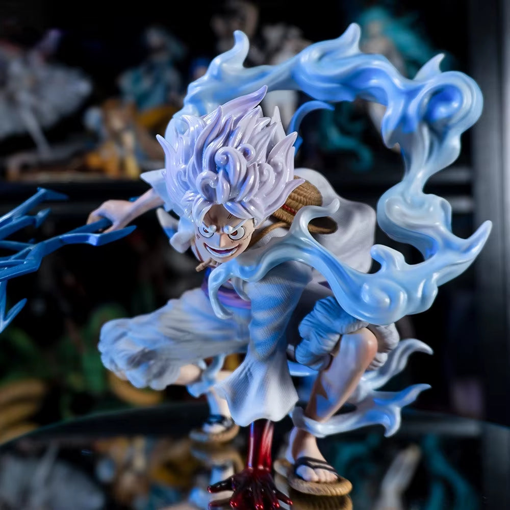 One Piece Anime Lightning Luffy Gear 5 Figurine Sun God Nikka Squatting Scene 19Cm PVC Action Figures Adult Model Toys for Boys