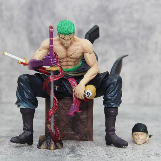 15Cm One Piece Zoro Anime Figures Sit Roronoa Zoro Action Figurine 2 Heads Pvc Statue Room Collection Model Decoration Toys Gift
