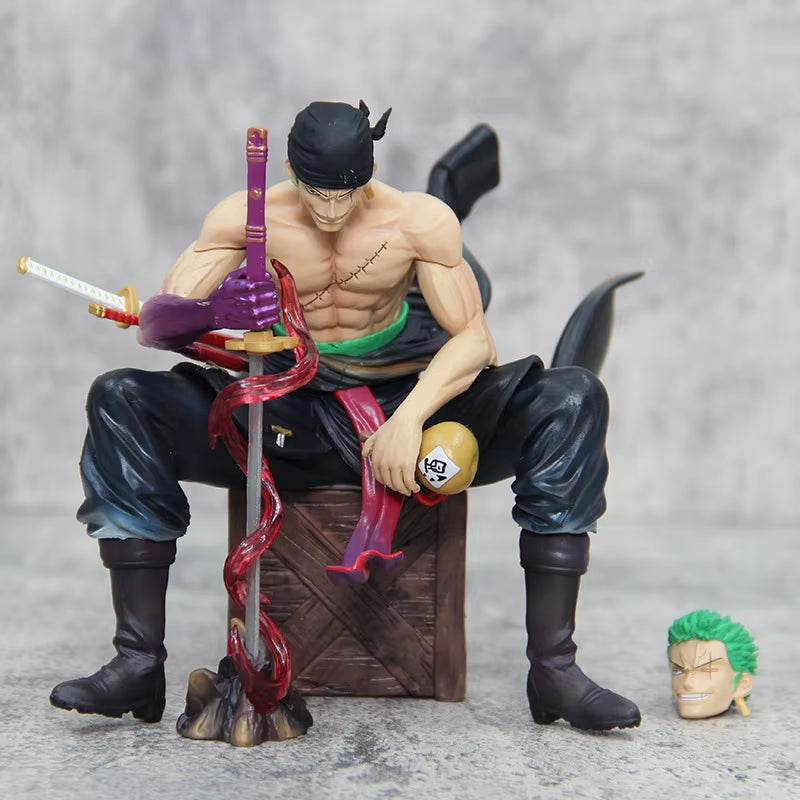 15Cm One Piece Zoro Anime Figures Sit Roronoa Zoro Action Figurine 2 Heads Pvc Statue Room Collection Model Decoration Toys Gift