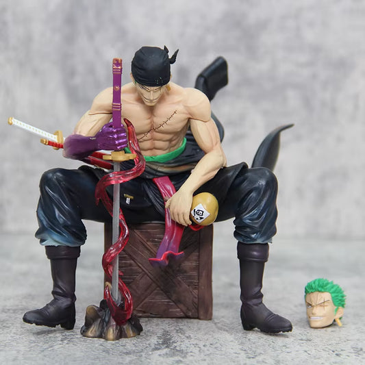15Cm One Piece Zoro Anime Figures Sit Roronoa Zoro Action Figurine 2 Heads Pvc Statue Room Collection Model Decoration Toys Gift